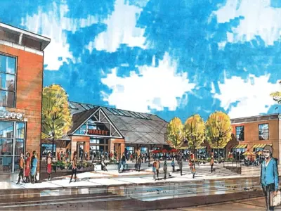 hand painted mock up of the front of the kitchener market with people walking on the streets